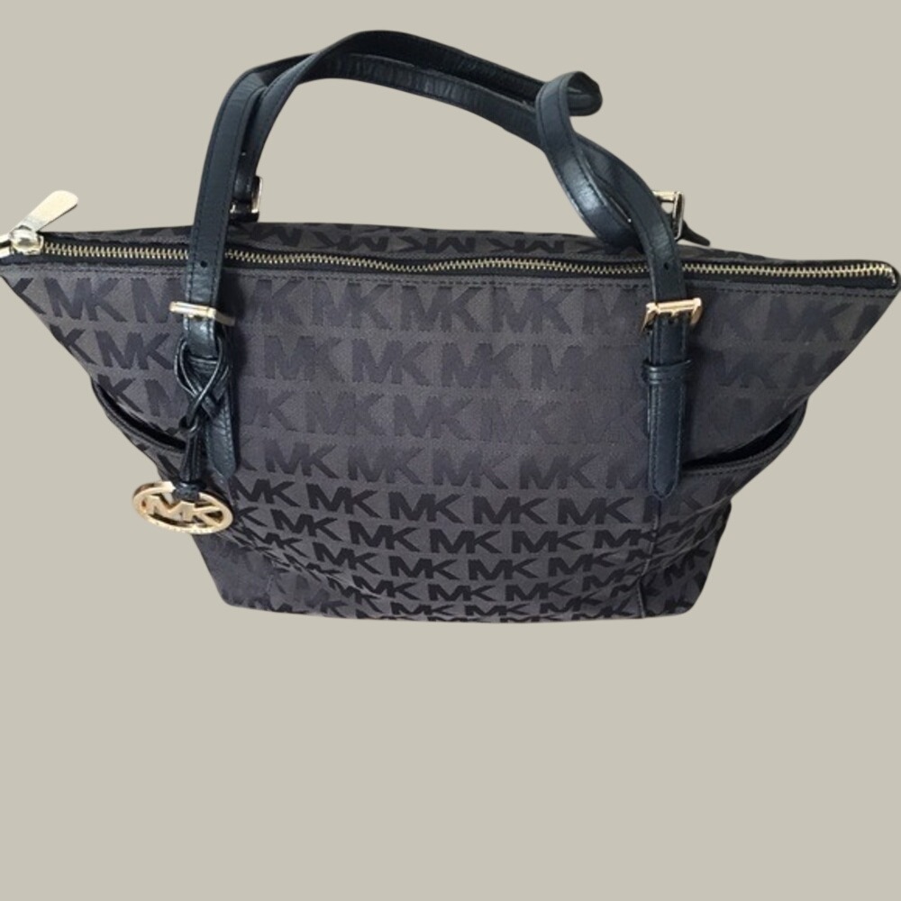 Michael Kors Jet Set Black Monogram Jacquard East West Tote Bag Gold Hardware
